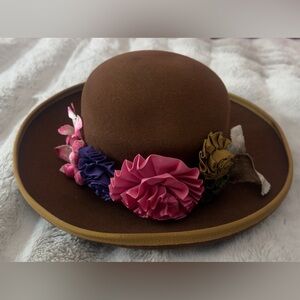 100% WOOL Brown Felt Women’s Hat with Pink & Purple Floral Trim